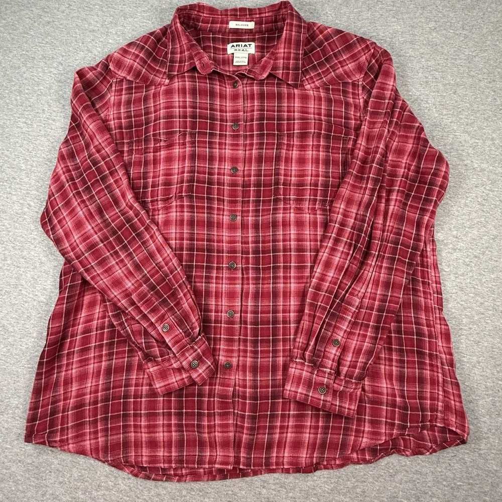 Ariat Womens XXL 2XL REAL Rebar Pink Plaid Western Button Up Shirt Relaxed Fit